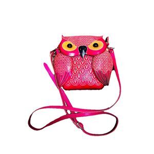Handcrafted Pink Owl Leather Crossbody Bag Summer Whimsical Bird Purse Novelty